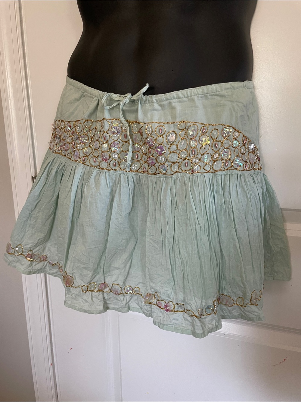 Y2K vintage Beaded Light Mint Cotton Mini Skirt